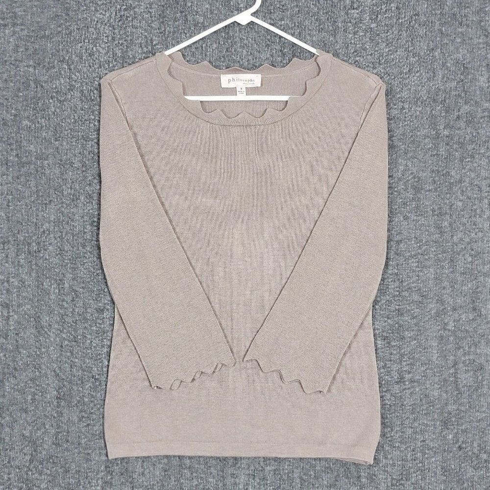 Philosophy Sweater Womens Small Taupe Brown Knit 3/4 Sleeve Scalloped Pullover